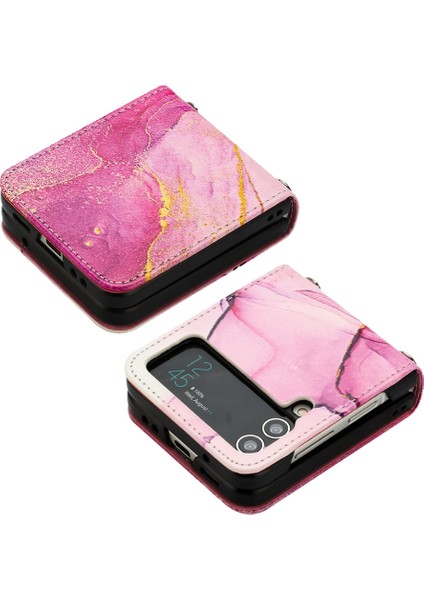 Samsung Galaxy Z Flip4 Mermer Desen Deri Telefon Kılıfı Pembe Mor Altın LS001 (Yurt Dışından) modelleri