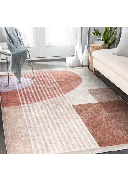 Kremit Zeminde Çizgili Motifli Geometrik Desenli Geometrik Klasik Salon & Oturma Odası Yatak Odası Dijital Baskılı Makinede Yıkanabilir Kaymaz Taban Saçaklı Halı