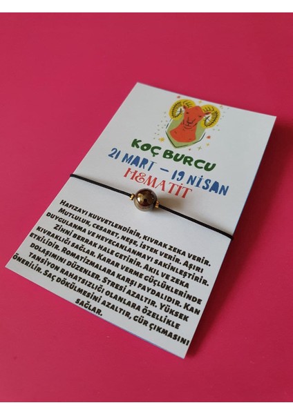 Koç Burcu Hematit Doğal Taşlı Ip Burç Bilekliği