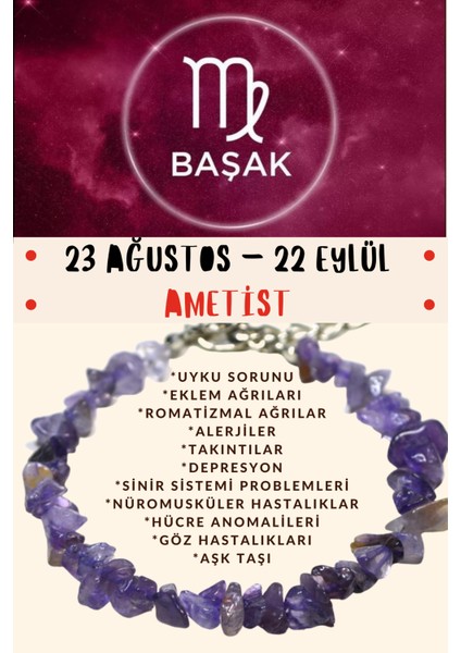 Burç Taşı Başak Burcu Ametist Taşı Bileklik
