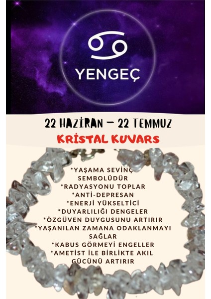 Burç Taşı Yengeç Burcu Kristal Kuvars Taşı Bileklik