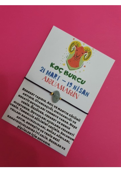 Koç Burcu Akuamarin Doğal Taşlı Ip Burç Bilekliği