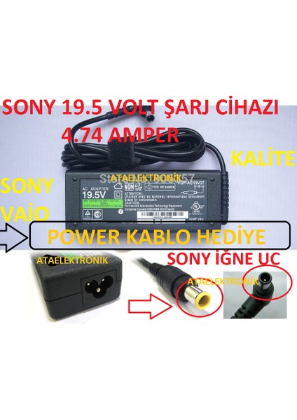 Sony Uyumlu Muadil 2 Yıl Garantili Vaio Vayo VGP-AC19V31 Laptop Notebook Adaptörü 19.5V 4.7A Şarj Cihazı19.5 Volt 4.74 Amper Şarz