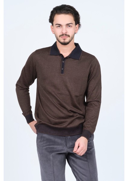 Erkek Polo Yaka Yün Kazak 6091903 Kahverengi