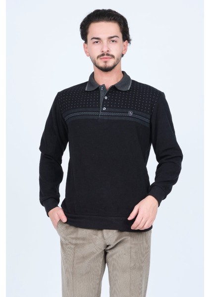 Erkek Desenli Polo Yaka Triko Sweat 6741251 Siyah