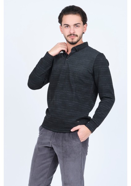 Erkek Desenli Polo Yaka Triko Sweat 6782257 Siyah