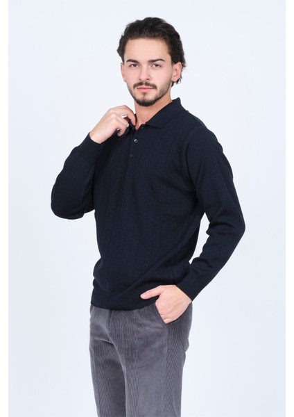 Erkek Desenli Polo Yaka Triko Yün Kazak 5597141 Lacivert