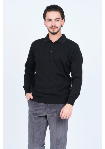 Woolen World Erkek Desenli Polo Yaka Triko Yün Kazak 5597141 Siyah