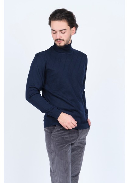 Erkek Desenli Tam Balıkçı Triko Yün Kazak 5596984 Lacivert