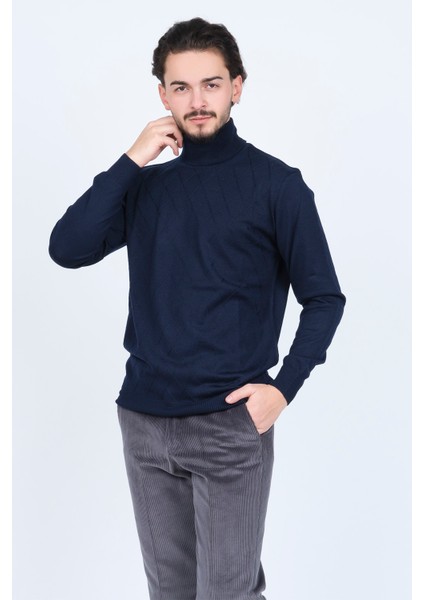 Erkek Desenli Tam Balıkçı Triko Yün Kazak 5596984 Lacivert modelleri