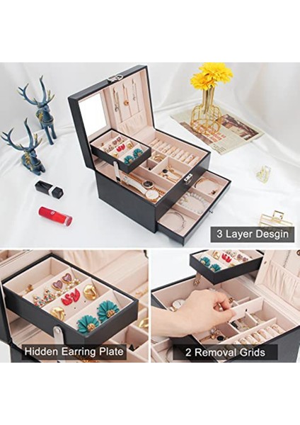 Kızlar Mücevher Kutusu Orta Mücevher Organizatör Kilitli Saplama Küpe Bilezik Kolye-Beyaz Için Ayarlanabilir Bölme(Yurt Dışından) modelleri