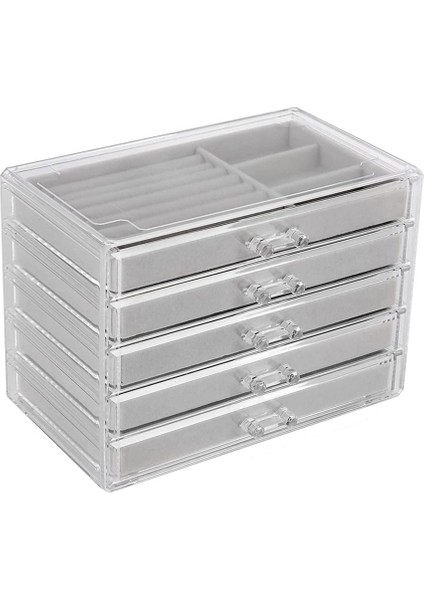 5 Çekmeceli Mücevher Organizatörü Şeffaf Akrilik Mücevher Kutusu Hediye Istiflenebilir Kadife Küpe Ekran Tutucu