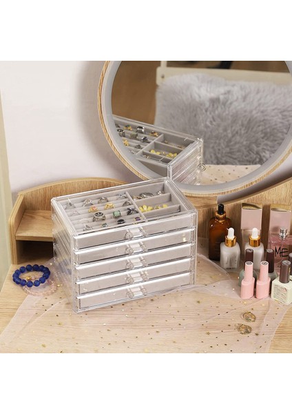 5 Çekmeceli Mücevher Organizatörü Şeffaf Akrilik Mücevher Kutusu Hediye Istiflenebilir Kadife Küpe Ekran Tutucu fiyatları