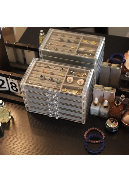 5 Çekmeceli Mücevher Organizatörü Şeffaf Akrilik Mücevher Kutusu Hediye Istiflenebilir Kadife Küpe Ekran Tutucu modelleri