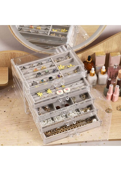 5 Çekmeceli Mücevher Organizatörü Şeffaf Akrilik Mücevher Kutusu Hediye Istiflenebilir Kadife Küpe Ekran Tutucu fırsatları