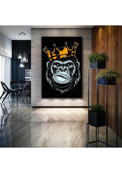 Altın Taçlı Kral Goril Maymun Hayvan Art Dekor Kanvas Tablo
