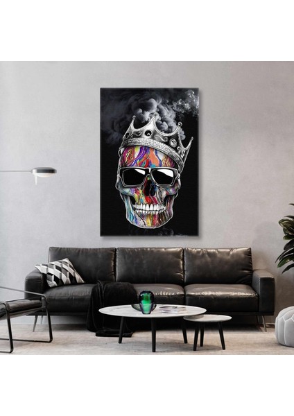 Renkli Surat Gözlük Takmış Kurukafa Taç Duman Skull Kanvas Tablo