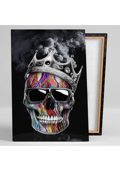 Renkli Surat Gözlük Takmış Kurukafa Taç Duman Skull Kanvas Tablo