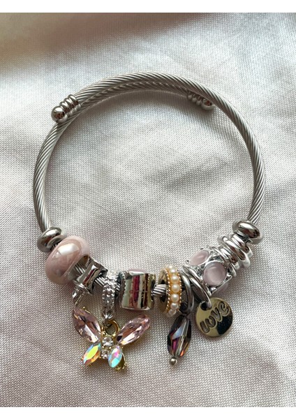 Pembe Mini Kelebek Kristal Çelik