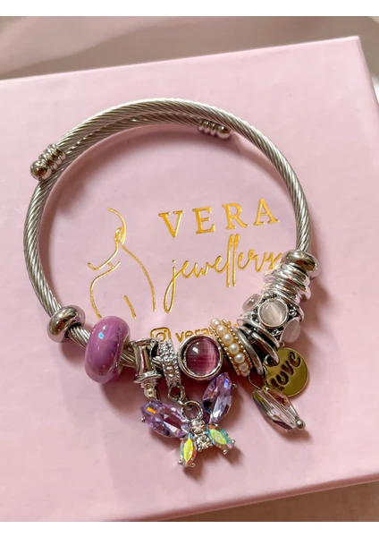 Vera Jewellery Mor Kristal Kelebek Çelik