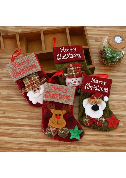 4pcs Noel Çorapları Santa Noel Baba Kardan Adam Elk Bear Candy Hediye Çantası Noel Ağacı Kolye Noel Dekorasyon (Yurt Dışından)