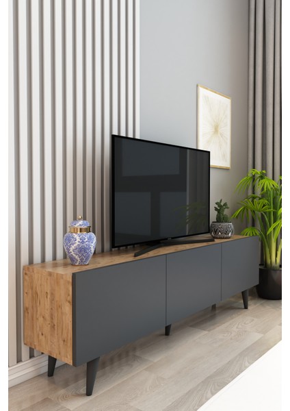 Izco Design Perla Tv Ünitesi 150 cm 3 Kapaklı Tv Sehpası Çam Antrasit