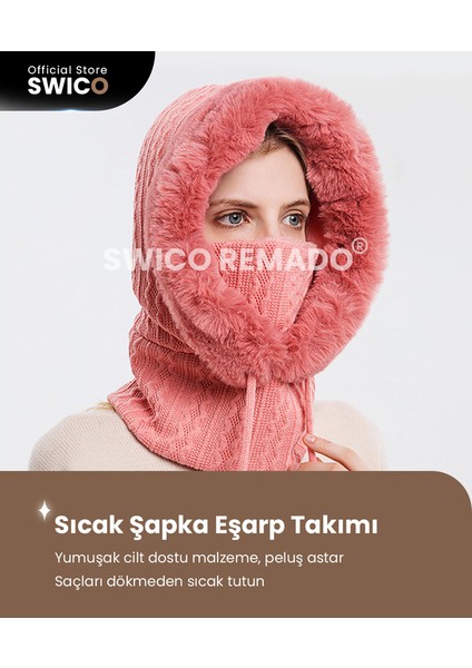 Swico Remado Bayan Kışlık Peluş Şapka ve Eşarp - Pembe  (Yurt Dışından)