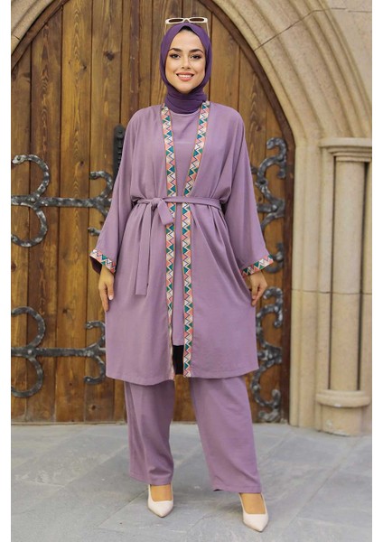 - Kimono Koyu Lila Tesettür Üçlü Takım 51910KLILA