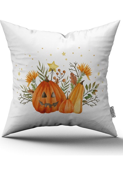 Turuncu Halloween Balkabağı Desenli Dijital Baskılı Kırlent Kılıfı CGH765