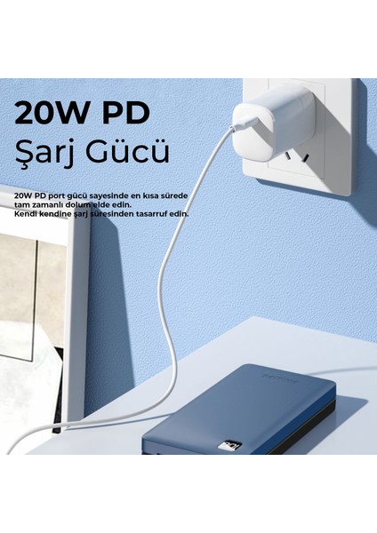 20000 mAh Powerbank 22.5W USB ve Type-C PD Üç Çıkışlı Led Göstergeli