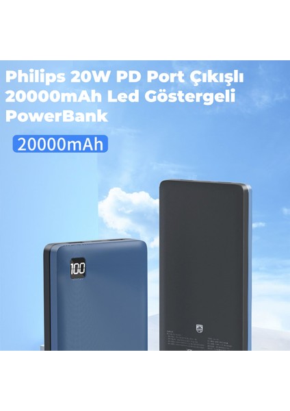 20000 mAh Powerbank 22.5W USB ve Type-C PD Üç Çıkışlı Led Göstergeli