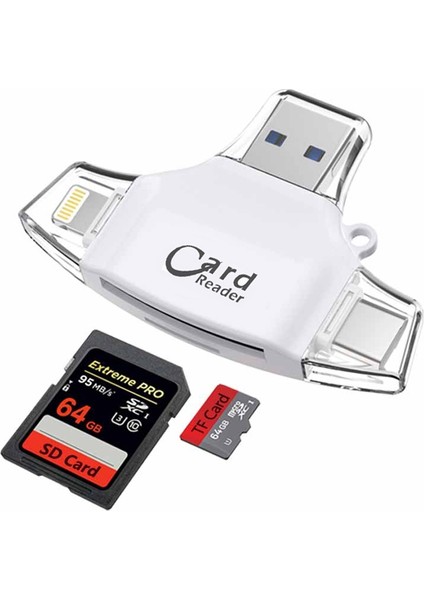 USB 2.0+8pin+Type-C+Micro USB 4 Arada 1 Kart Okuyucu - Beyaz (Yurt Dışından)
