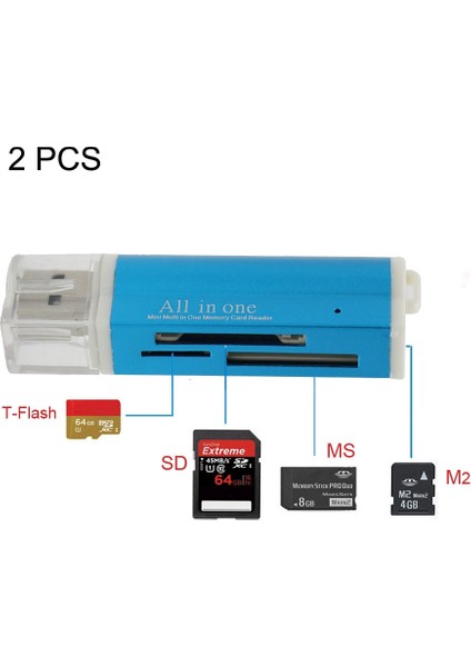 2 Parça Mulli Multi 1 USB 2.0 Mikro Sd Sdhc Tf Mmc Ms Pro Duo Hafıza Kartı Okuyucu - Mavi (Yurt Dışından)