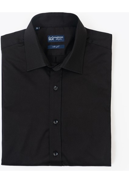 Erkek Siyah Saten Pamuklu Modern Fit Gömlek