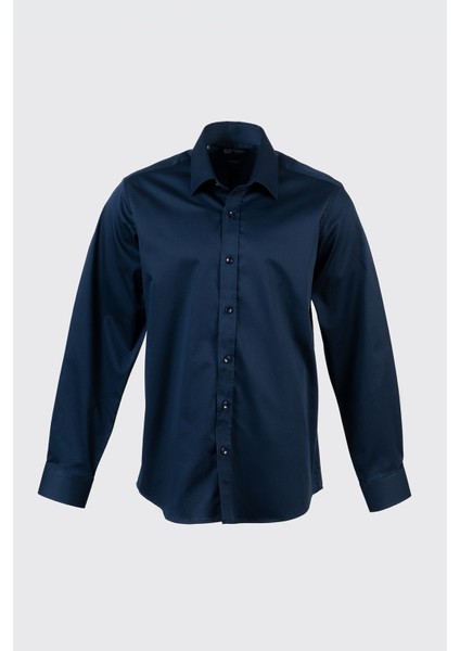 Erkek Lacivert Saten Pamuklu Modern Fit Gömlek fiyatları