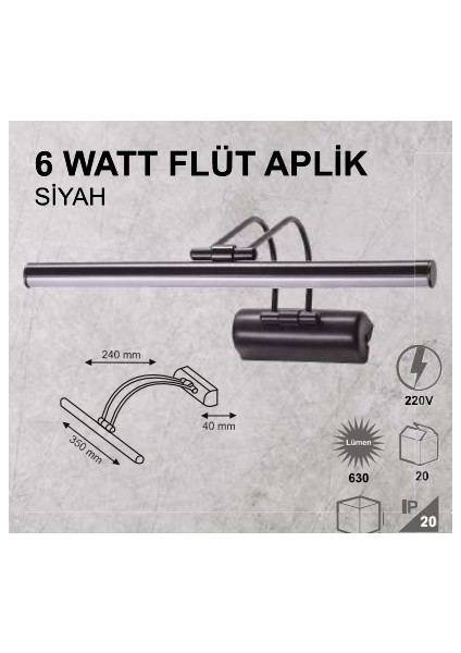 6W Flüt Aplik - Siyah Kasa - Günışığı