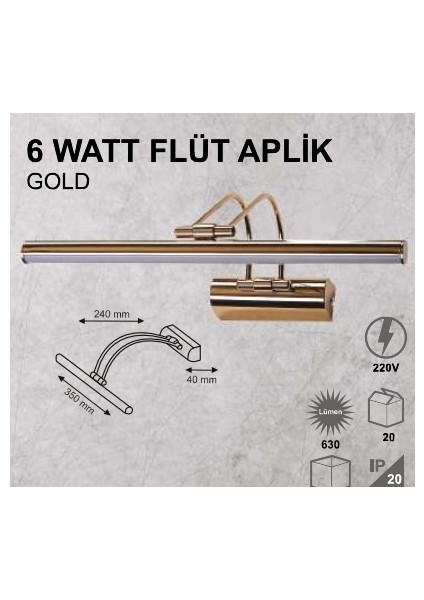 6W Flüt Aplik - Gold Kasa - Günışığı