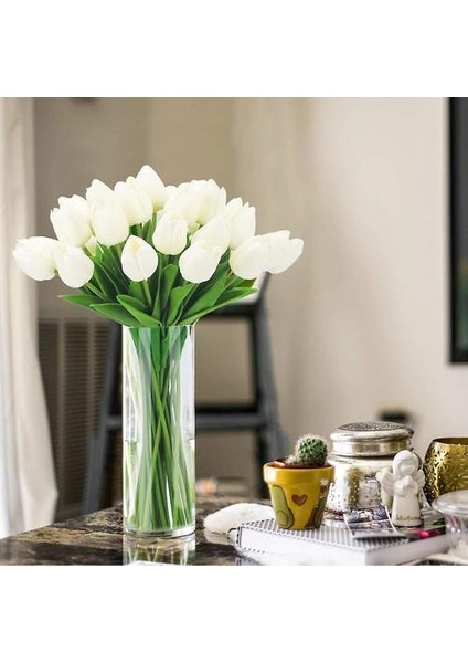 Yapay Lale Sahte Hollanda Mini Lale Gerçek Dokunmatik Çiçekler 24 Adet Dıy Ev Parti Düğün Dekor (Mavi) (Cream) (Yurt Dışından)