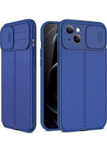 Apple iPhone 14 Plus Kılıf Kamera Sürgülü Deri Dokulu Mat Silikon+Nano Lacivert
