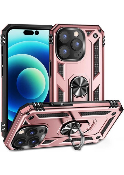 Apple iPhone 14 Pro Max Kılıf Vega Sert Silikon Tank Standlı Yüzüklü Mıknatıslı Bronz