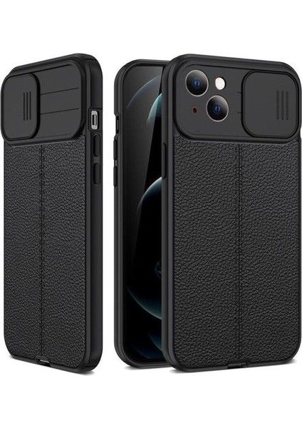 Apple iPhone 14 Plus Kılıf Kamera Sürgülü Deri Dokulu Mat Silikon Siyah