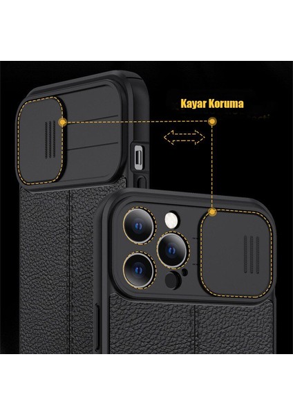 Apple iPhone 14 Plus Kılıf Kamera Sürgülü Deri Dokulu Mat Silikon Siyah
