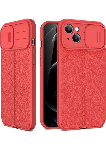 Apple iPhone 14 Kılıf Kamera Sürgülü Deri Dokulu Mat Silikon+Nano Kırmızı