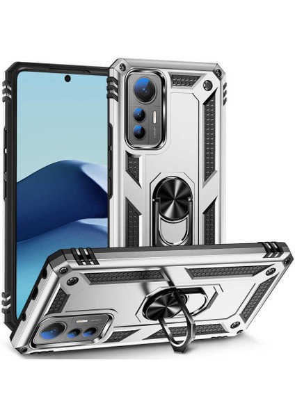 Xiaomi Mi 12 Lite Kılıf Vega Sert Silikon Tank Standlı Yüzüklü Mıknatıslı Gümüş