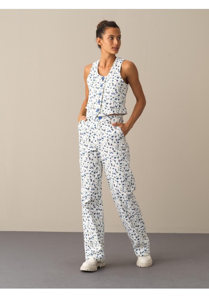 Kadın Mavi Pamuklu Oversize Desenli Pantolon