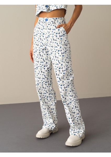 Kadın Mavi Pamuklu Oversize Desenli Pantolon fiyatları