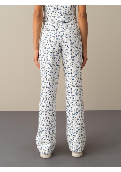 Kadın Mavi Pamuklu Oversize Desenli Pantolon modelleri