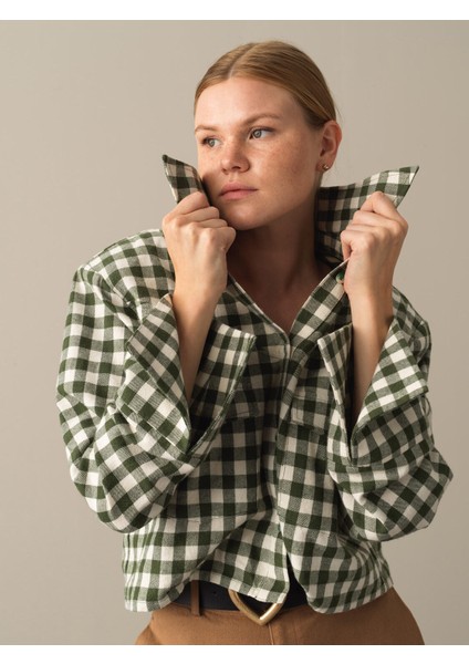 Kadın Yeşil Oversize Ekose Gömlek modelleri