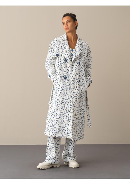 Kadın Mavi Pamuklu Oversize Trençkot