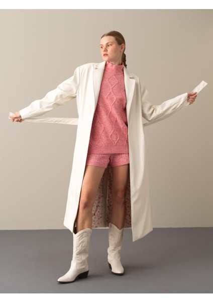 Kadın Ekru Oversize Deri Görünümlü Trençkot indirimleri